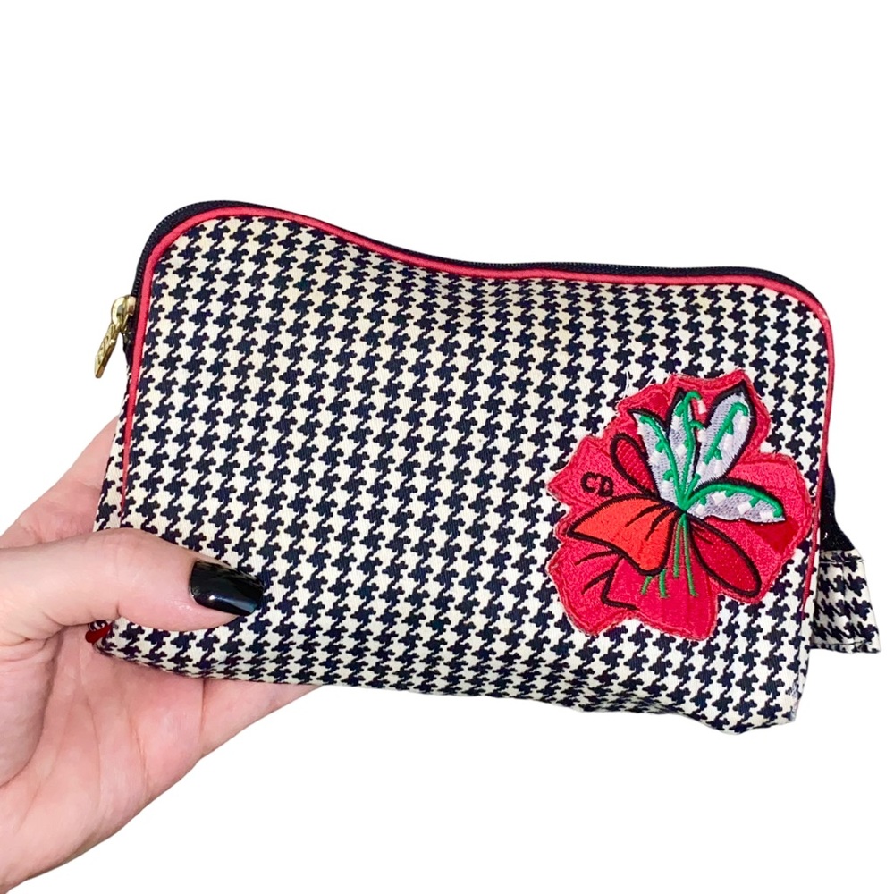 AUTH VTG Christian Dior Houndstooth Small Cosmetic Makeup Bag Clutch Zip Pouch